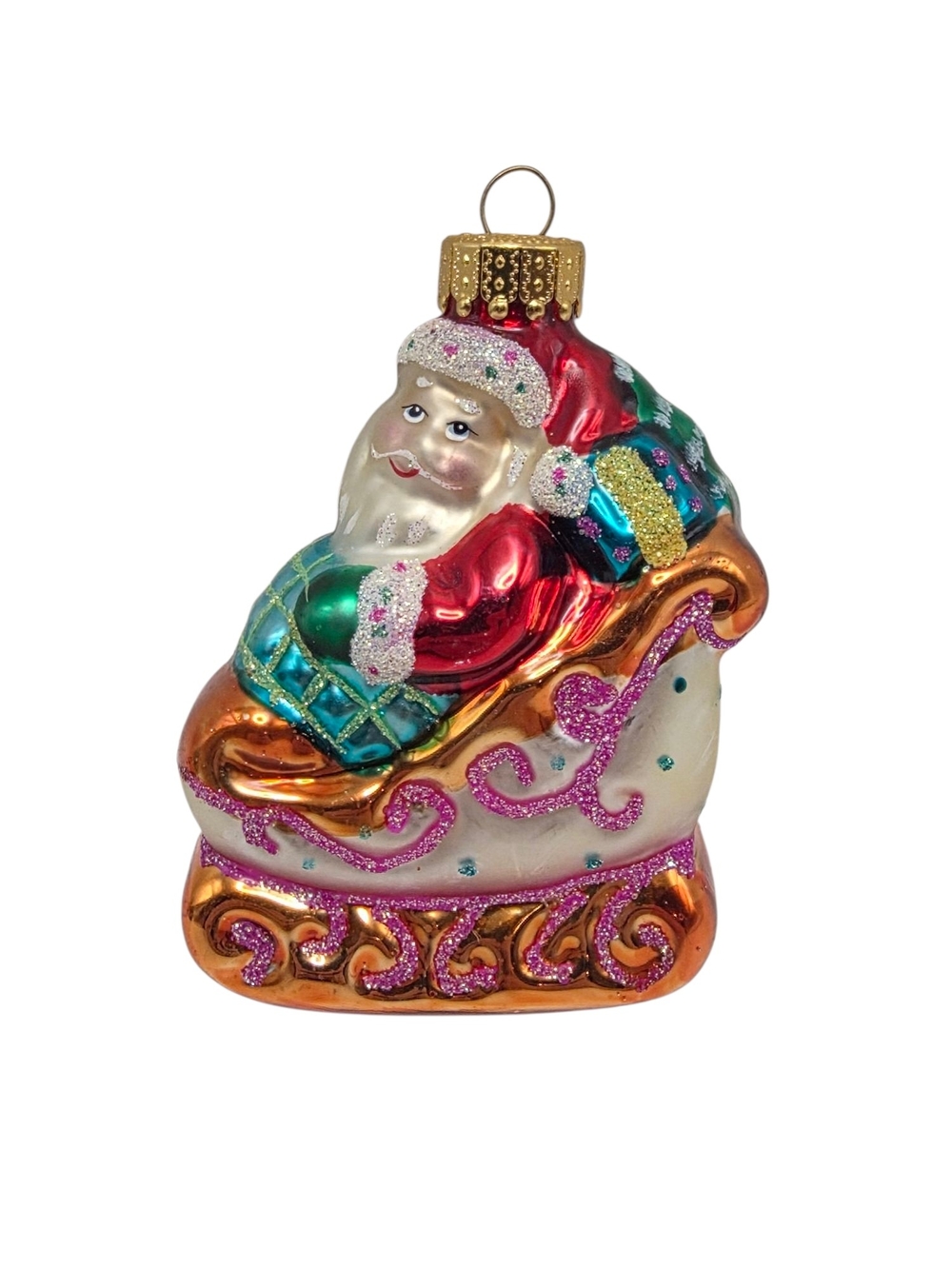 Unique Treasures Santa Claus Ornament Sleigh Presents Blown Glass UT Glitter